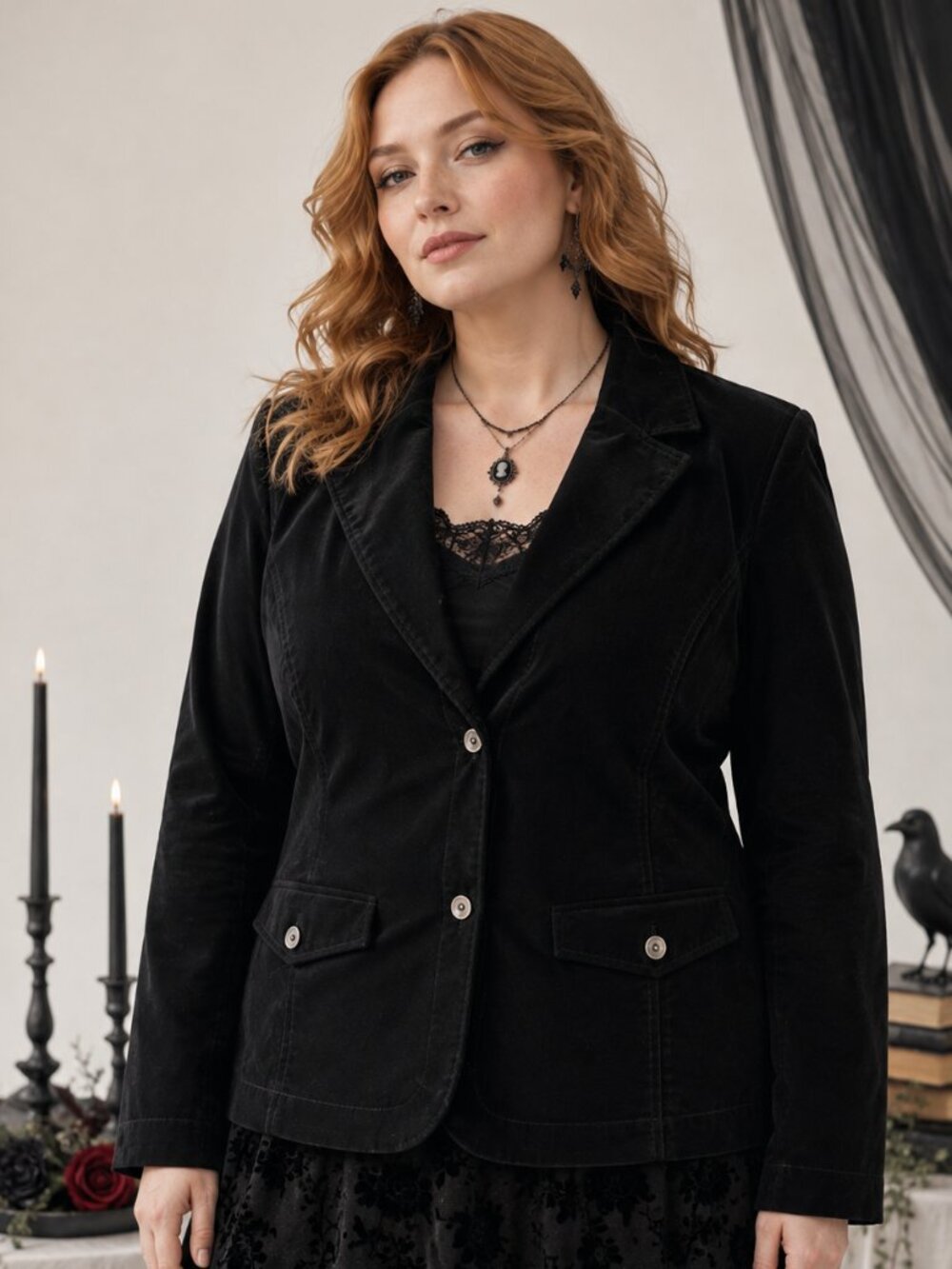 Vintage Lady Hathaway XL Black Corduroy Blazer Whimsy Goth Dark Academia